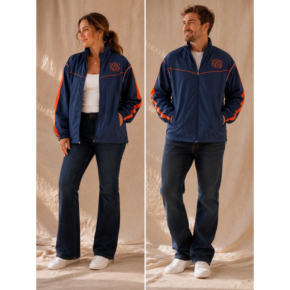 Auburn Tigers Navy Orange Rain Jacket Large Full Zip Lightweight Hidden Hood